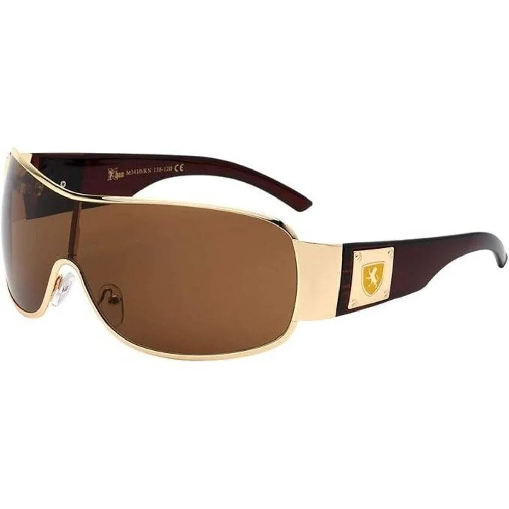 Block Curved One Piece Shield Sunglasses‎ Men's Flat Top Gold Frame Brown Lens